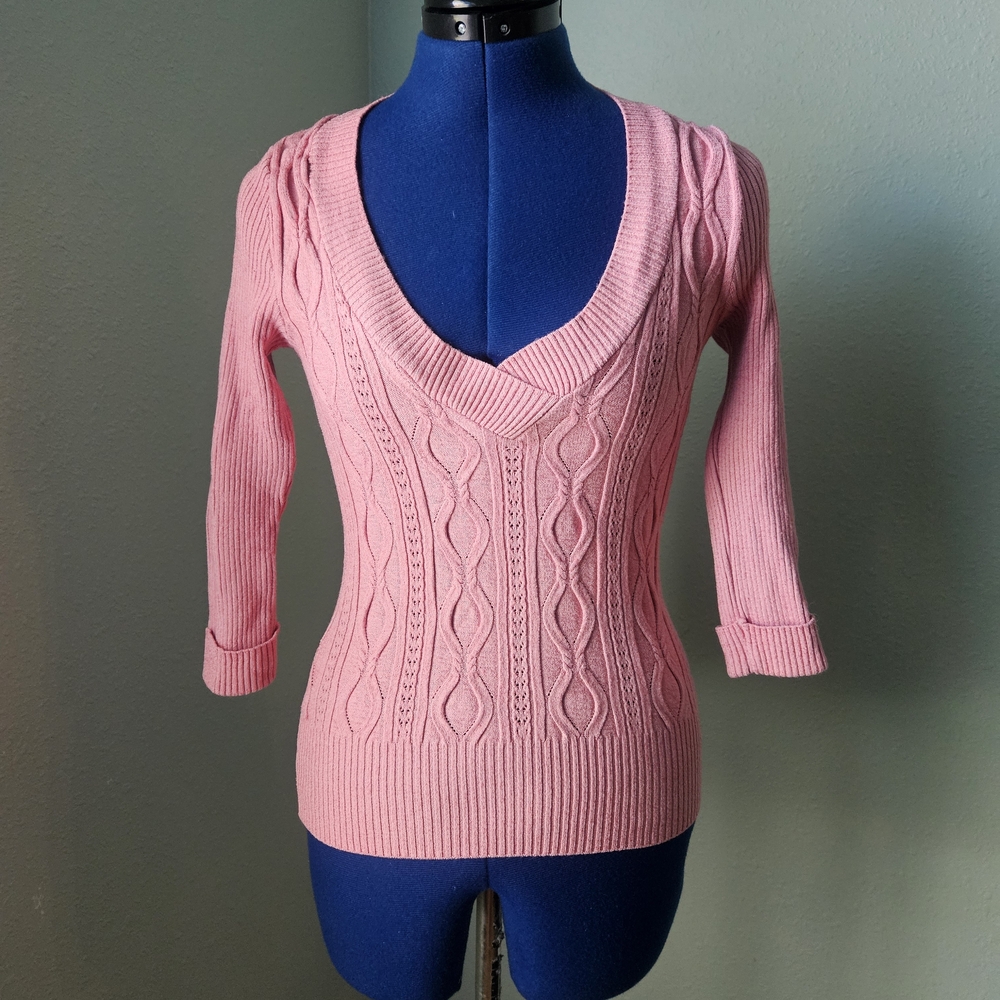 bebe Light Pink V-Neck Half Sleeves Sweater